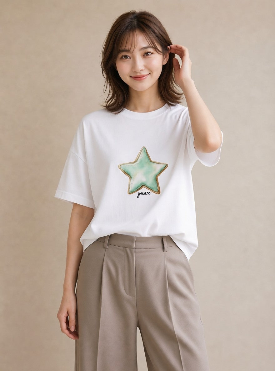 デザインTシャツ レディース 流れ星 星空 宇宙 イラスト 北欧風 社会人 女性 白T YMAZO