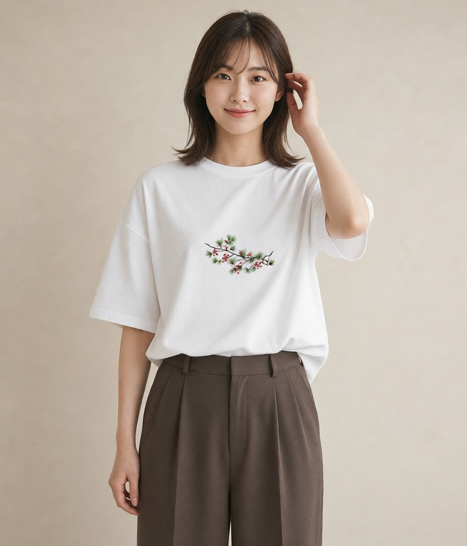 グラフィックTシャツ レディース 松ぼっくり 植物 ボタニカル イラスト きれいめ 母娘コーデ 自分用 白T YMAZO