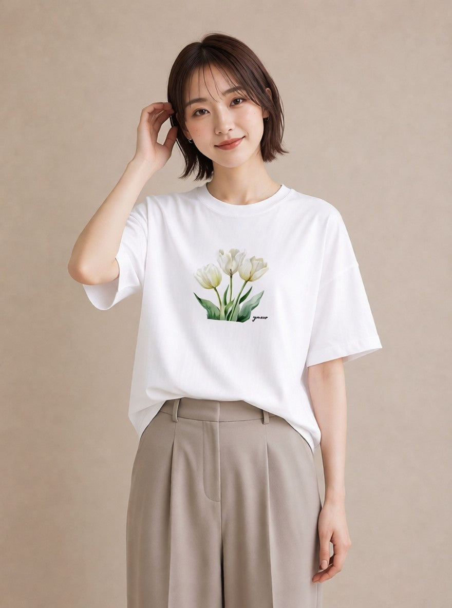 デザインTシャツ レディース チューリップ 花 花柄 イラスト 敬老の日 ホワイトデー 白T YMAZO