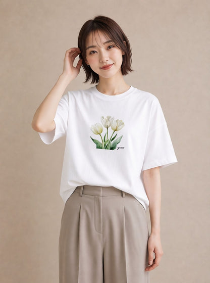 デザインTシャツ レディース チューリップ 花 花柄 イラスト 敬老の日 ホワイトデー 白T YMAZO