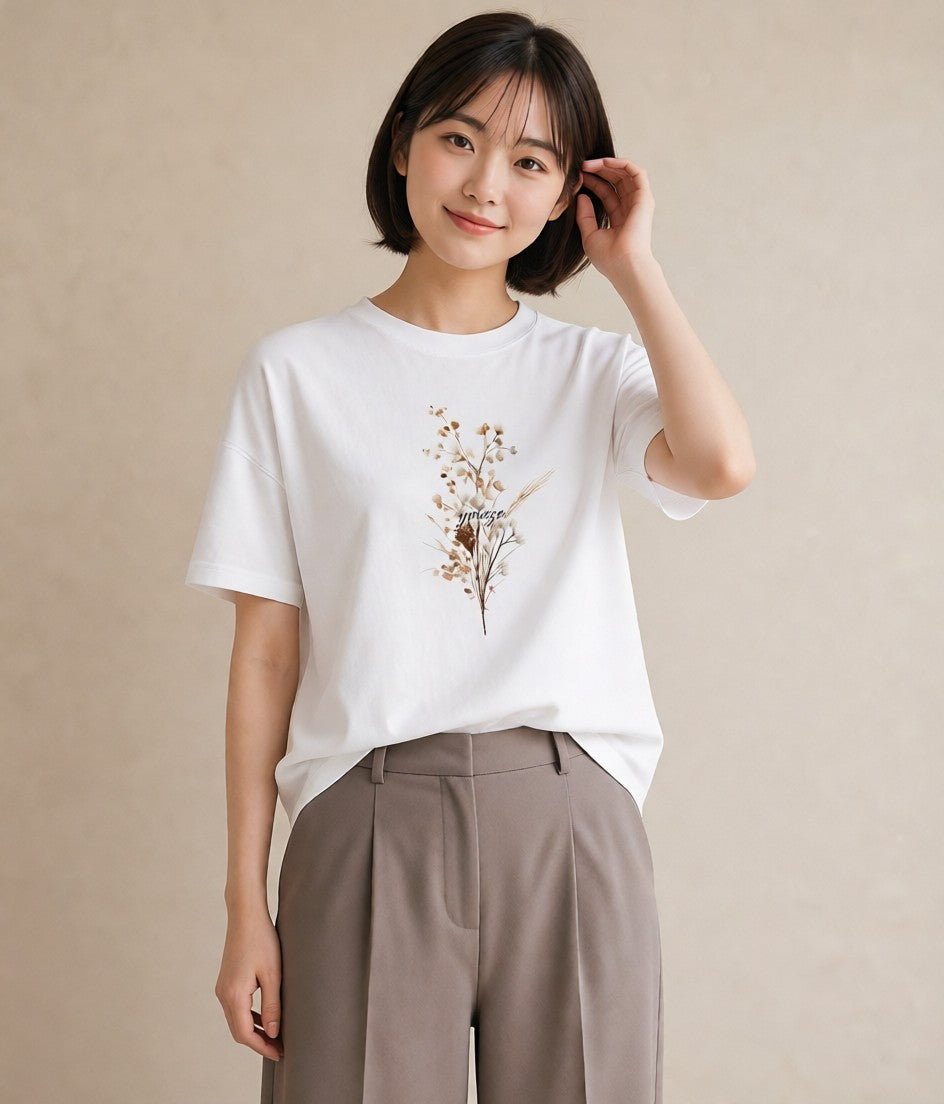 Tシャツ レディース ガラス瓶 小枝 ボタニカル ナチュラル アンティーク イラスト アート風 女性向けギフト 散歩 白T YMAZO