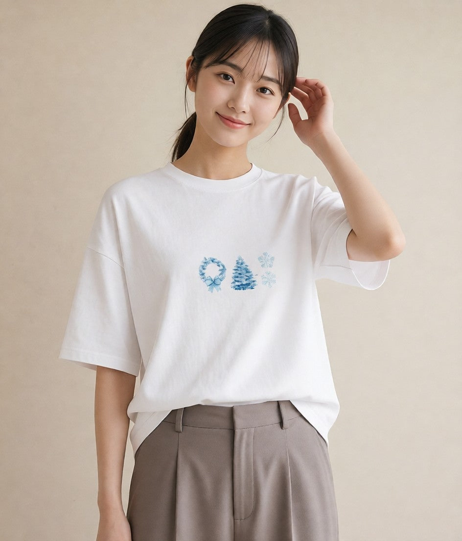 Tシャツ レディース 雪の結晶 星空 宇宙 イラスト 上品 散歩 お出かけ 白T YMAZO