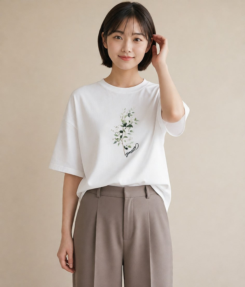 Tシャツ レディース つる 植物 ボタニカル イラスト ゆるかわ カフェ巡り 女子会 白T YMAZO