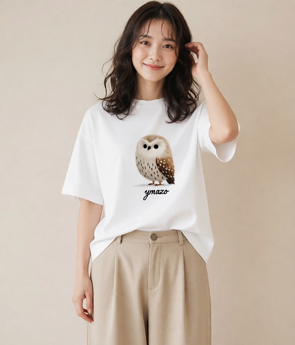 半袖Tシャツ レディース フクロウ 動物 アニマル イラスト ナチュラル 誕生日プレゼント 綿100 白T YMAZO