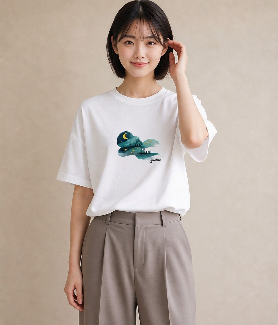 Tシャツ レディース オーロラ 星空 宇宙 イラスト 北欧風 帰省 ラフ 白T YMAZO