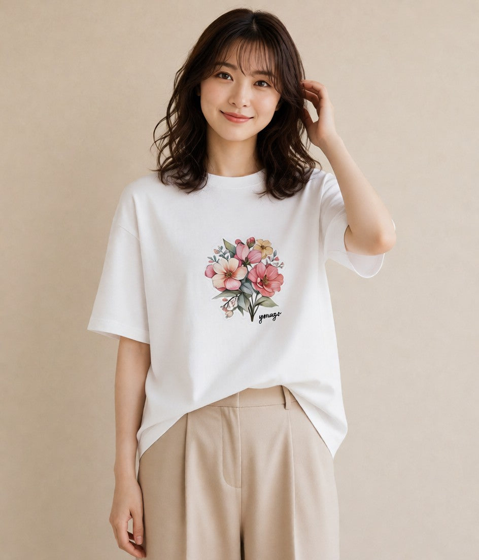 Tシャツ レディース コスモス 秋桜 花 花柄 イラスト ラフカジュアル おしゃれギフト 社会人 白T YMAZO