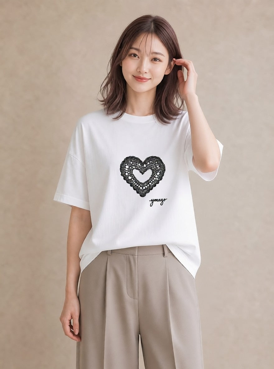 デザインTシャツ レディース レースハンカチ レース ハンカチ ナチュラル アンティーク イラスト シック クリスマス 旅行 白T YMAZO