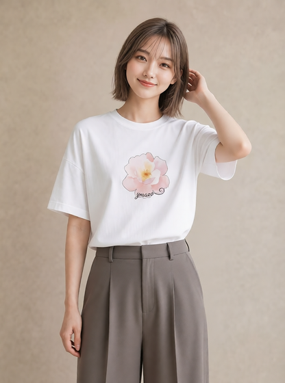 Tシャツ レディース 牡丹 花 花柄 イラスト 旅行コーデ 公園 ママ 白T