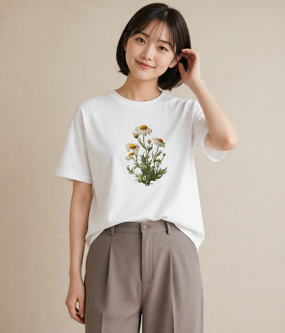 デザインTシャツ レディース デイジー 花 花柄 イラスト ヴィンテージ風 自分用 ルームウェア 白T YMAZO