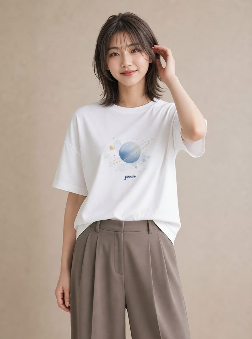 グラフィックTシャツ レディース 天秤座 星空 宇宙 イラスト ゆるコーデ 女性 旅行用 白T YMAZO