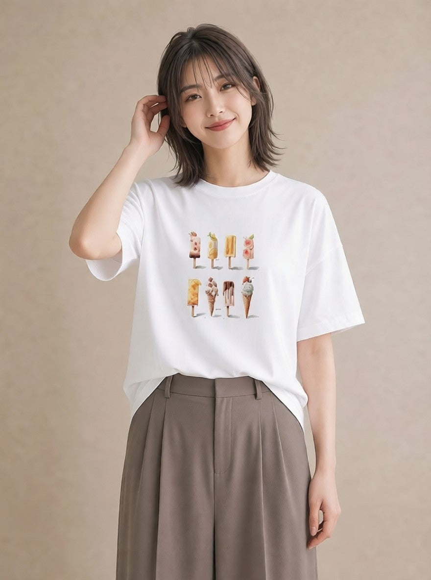 半袖Tシャツ レディース アイス 食べ物 フード イラスト ゆるコーデ ママ カフェ服 白T YMAZO