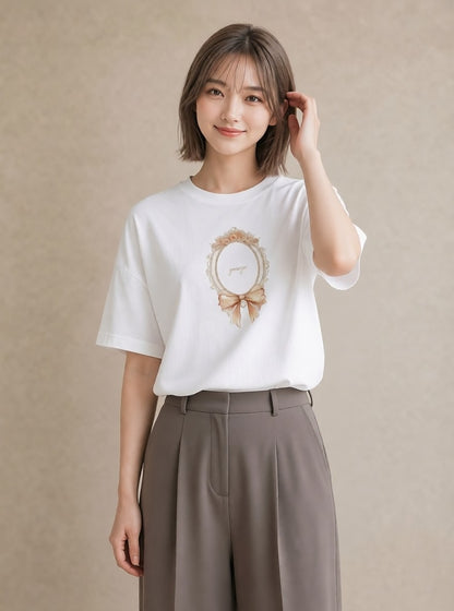 Tシャツ レディース レースハンカチ レース ハンカチ ナチュラル アンティーク イラスト 抜け感 送別ギフト 通勤 白T YMAZO