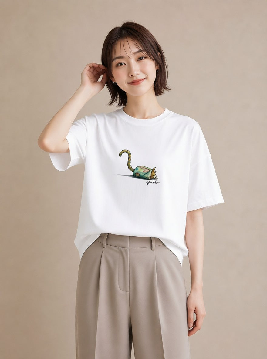 Tシャツ レディース キジトラ 猫 ねこ イラスト ナチュラル 在宅 公園 白T YMAZO