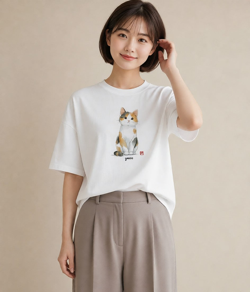 デザインTシャツ レディース マンチカン 猫 ねこ イラスト 水彩風 敬老の日 ホワイトデー 白T YMAZO
