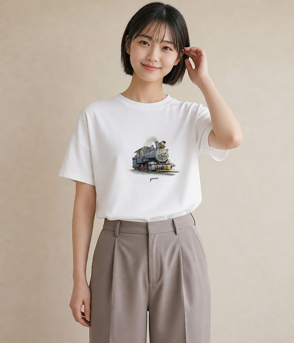 デザインTシャツ レディース 駅のホーム ローカル線 駅 ナチュラル アンティーク イラスト シンプル 姉妹 送別ギフト 白T YMAZO