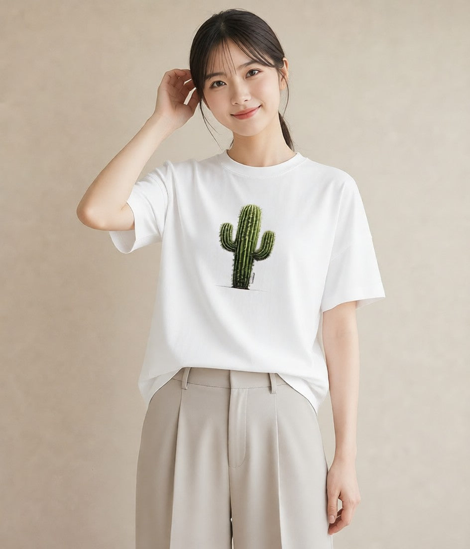 グラフィックTシャツ レディース サボテン 植物 ボタニカル イラスト 個性的 レイヤード 友達ギフト 白T YMAZO