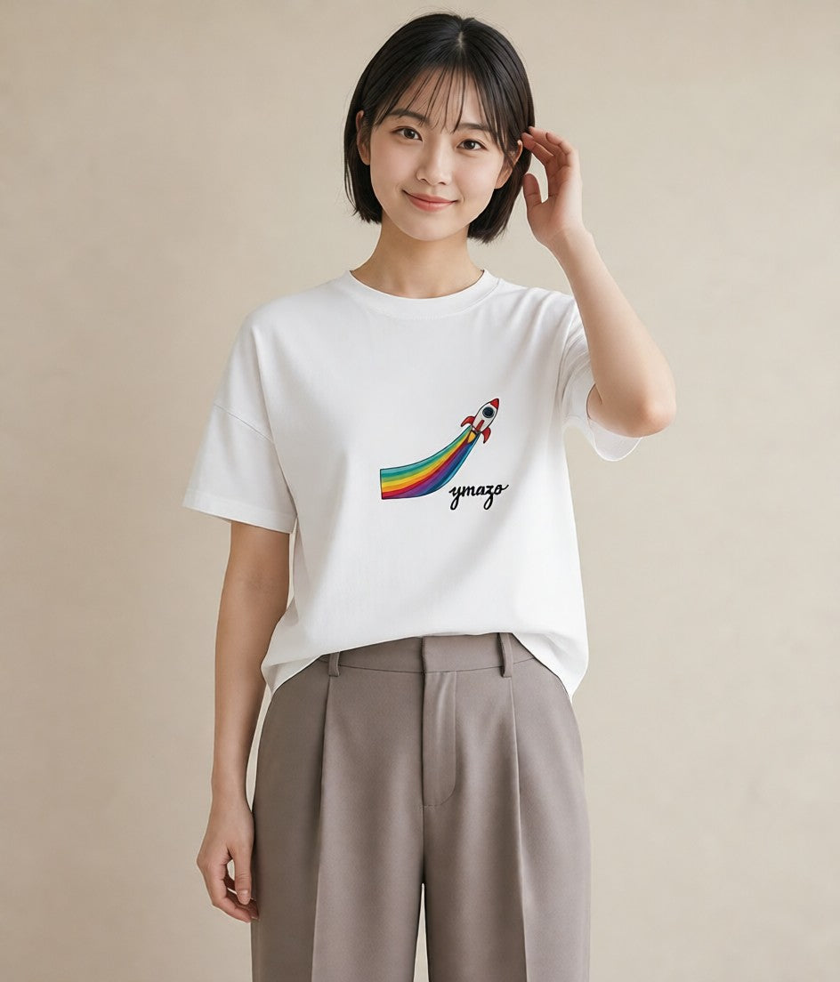 グラフィックTシャツ レディース ロケット 星空 宇宙 イラスト レトロ デート 帰省 白T YMAZO