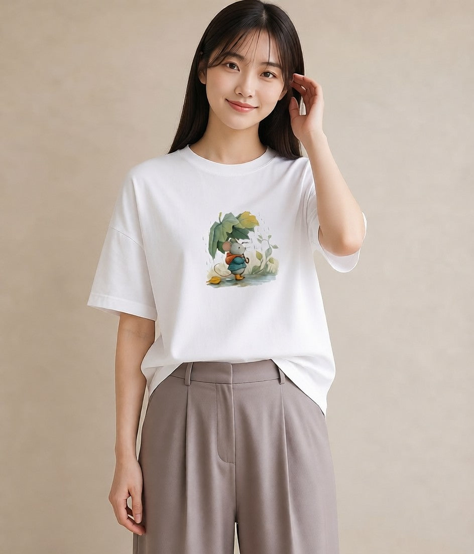 Tシャツ レディース 傘 水たまり 雨 ナチュラル アンティーク イラスト ラフ ホワイトデー 春服 白T YMAZO