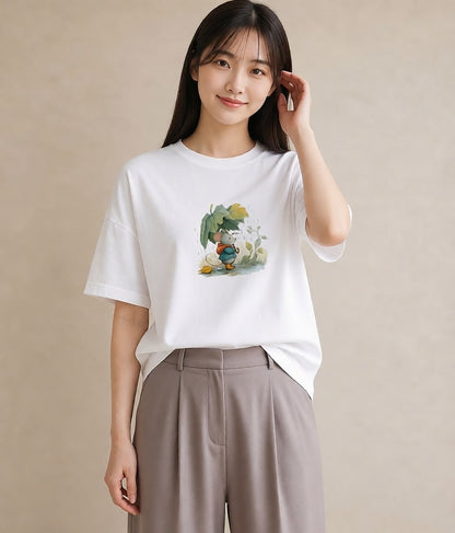 Tシャツ レディース 傘 水たまり 雨 ナチュラル アンティーク イラスト ラフ ホワイトデー 春服 白T YMAZO