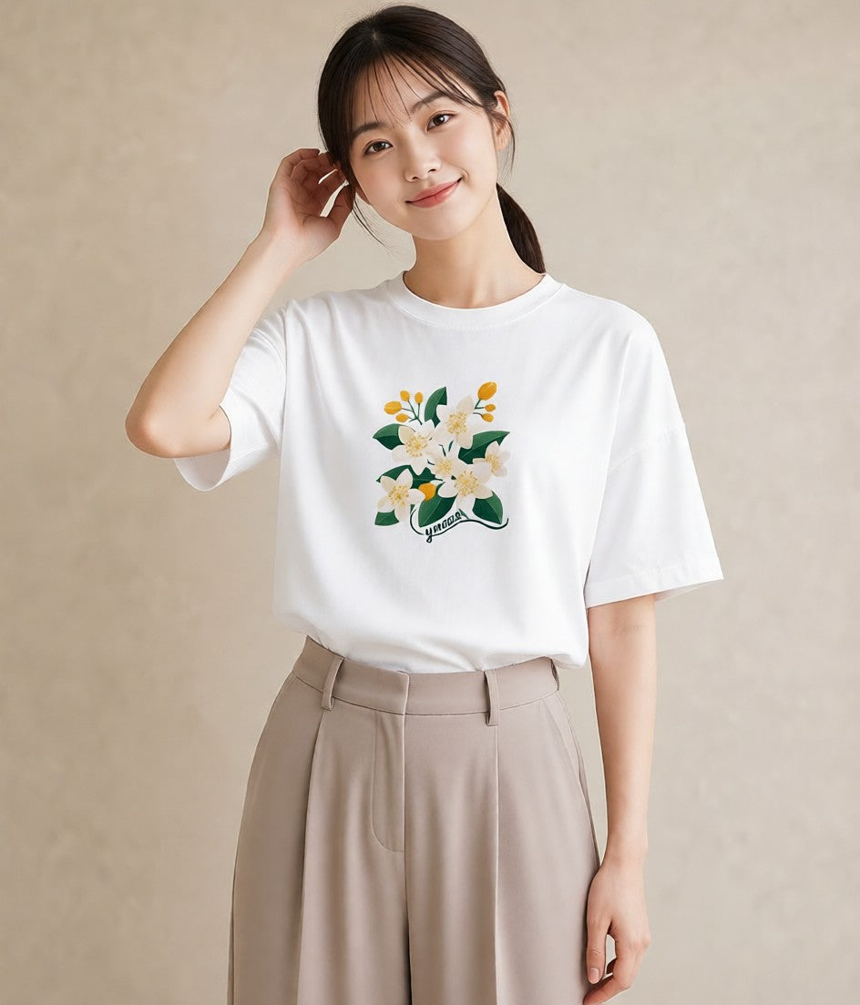 半袖Tシャツ レディース 金木犀 花 花柄 イラスト 線画 旅行 母娘コーデ 白T YMAZO