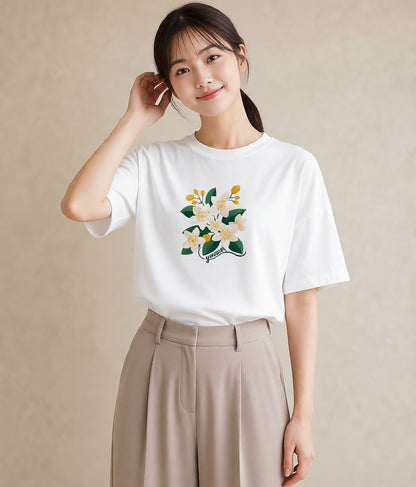 半袖Tシャツ レディース 金木犀 花 花柄 イラスト 線画 旅行 母娘コーデ 白T YMAZO