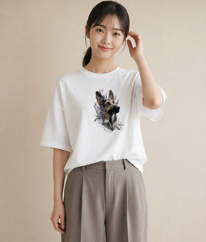 デザインTシャツ レディース ジャーマンシェパード 犬 いぬ イラスト ユニーク 公園 ママ 白T YMAZO