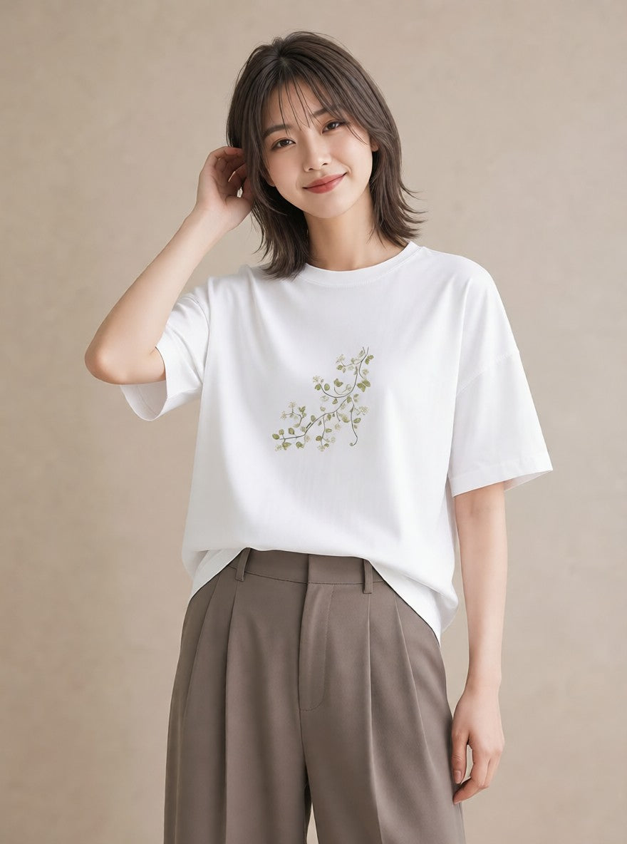 プリントTシャツ レディース つる 植物 ボタニカル イラスト 線画 散歩 お出かけ 白T YMAZO