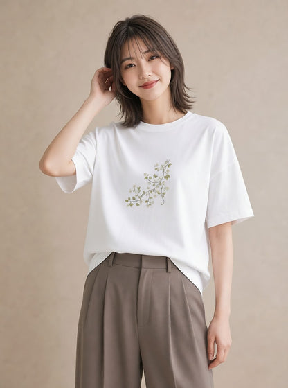 プリントTシャツ レディース つる 植物 ボタニカル イラスト 線画 散歩 お出かけ 白T YMAZO