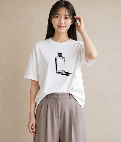 半袖Tシャツ レディース 香水 香水瓶 パフューム イラスト お洒落 綿100 デート 白T YMAZO
