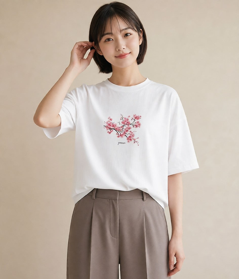 半袖Tシャツ レディース さくら 桜 サクラ 花 花柄 イラスト 韓国風 カジュアルコーデ 買い物 白T YMAZO