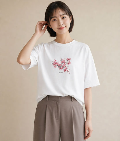 半袖Tシャツ レディース さくら 桜 サクラ 花 花柄 イラスト 韓国風 カジュアルコーデ 買い物 白T YMAZO