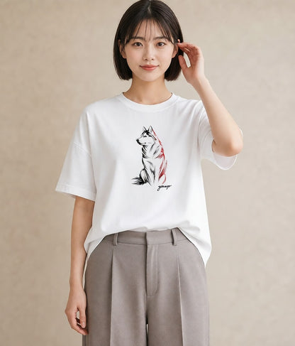 Tシャツ レディース シベリアンハスキー 犬 いぬ イラスト 母の日 ビーチ 白T YMAZO