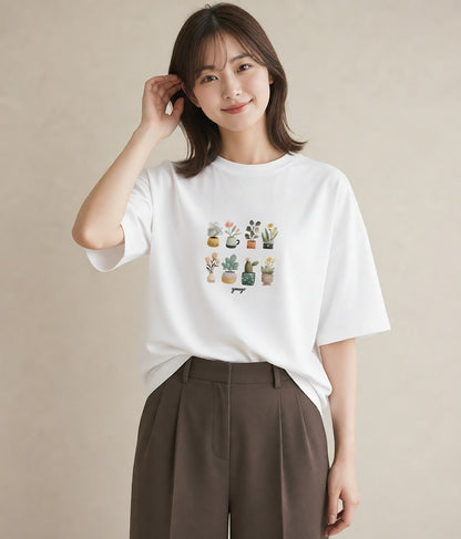 デザインTシャツ レディース サボテン 植物 ボタニカル イラスト 水彩風 ラフ レイヤード 白T YMAZO