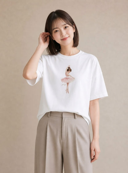 半袖Tシャツ レディース バレエシューズ バレエ トウシューズ ナチュラル アンティーク イラスト 北欧風 女性向けギフト 散歩 白T YMAZO