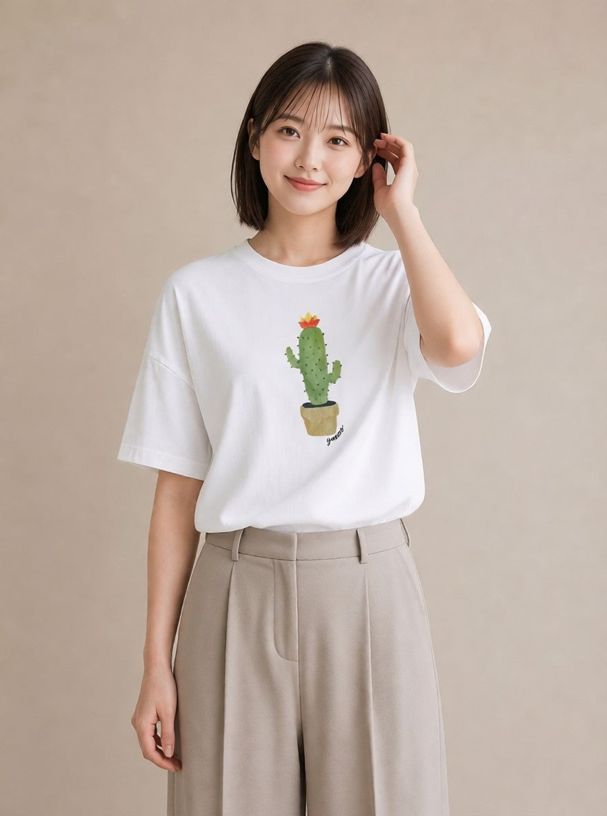 プリントTシャツ レディース サボテン 植物 ボタニカル イラスト デート 帰省 白T YMAZO