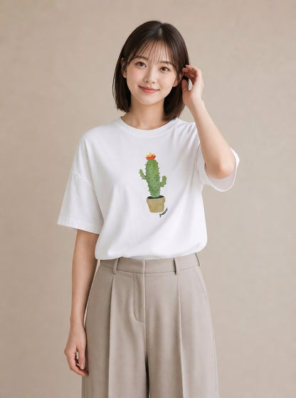 プリントTシャツ レディース サボテン 植物 ボタニカル イラスト デート 帰省 白T YMAZO