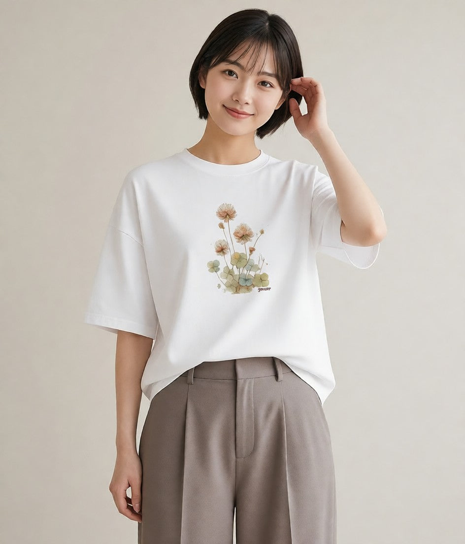 デザインTシャツ レディース たんぽぽ 花 花柄 イラスト 抜け感 ママ カフェ服 白T YMAZO