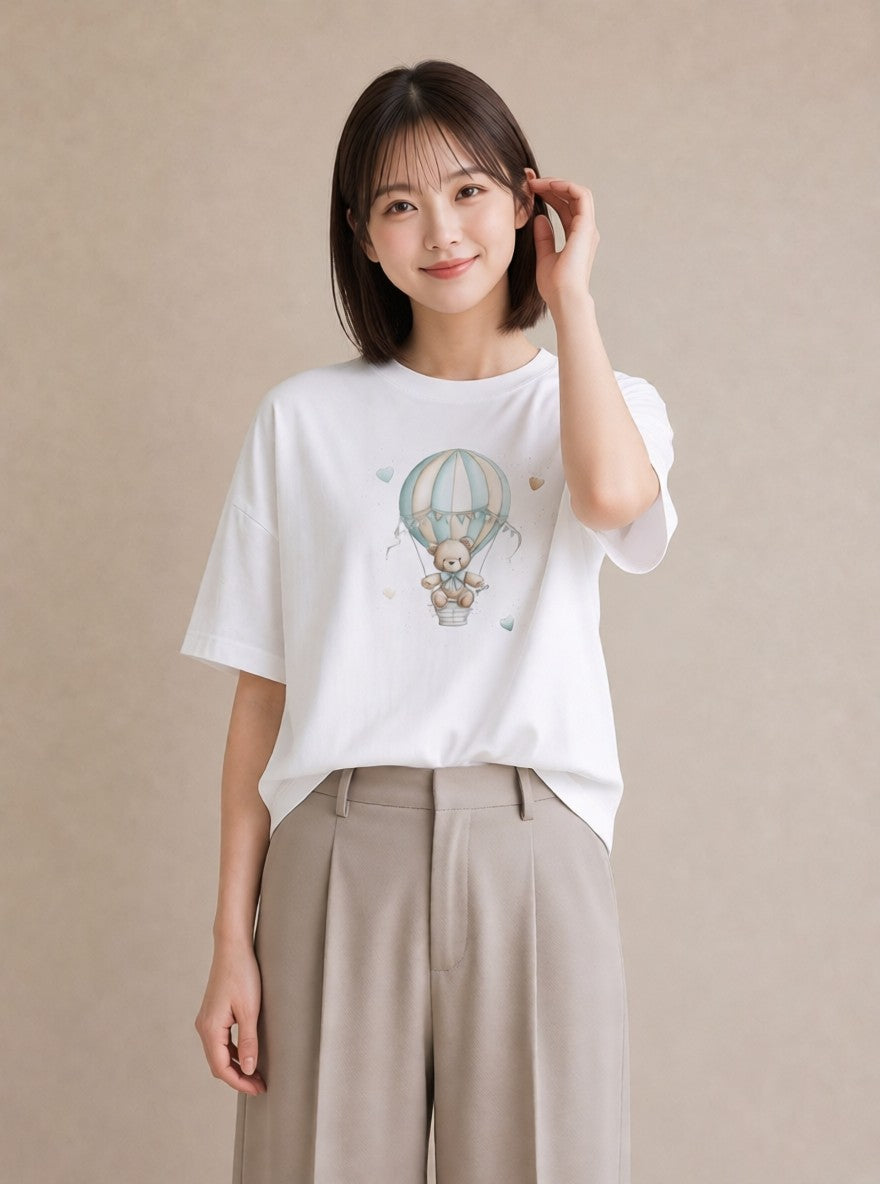 半袖Tシャツ レディース 気球 星空 宇宙 イラスト 水彩風 20代 カジュアルコーデ 白T YMAZO