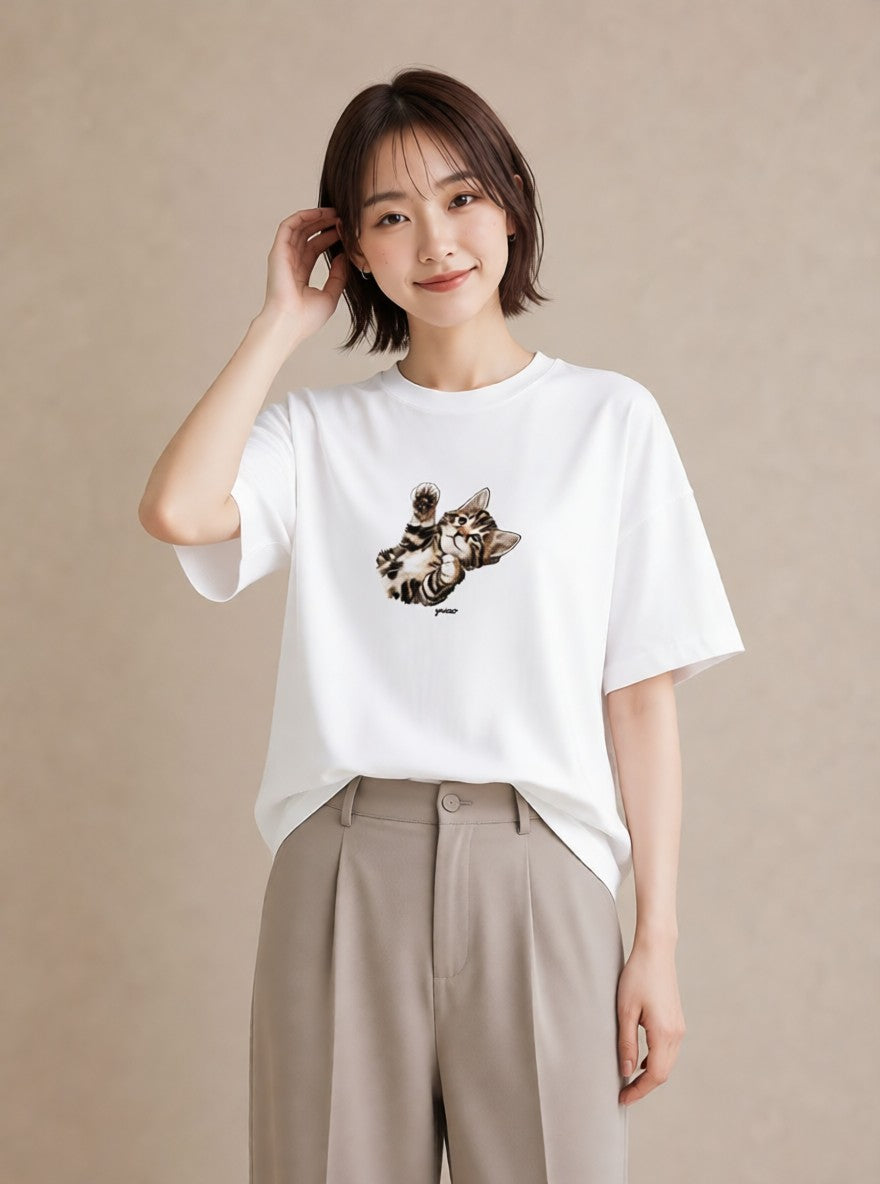 プリントTシャツ レディース ぶち猫 猫 ねこ イラスト ポップ 母娘コーデ 自分用 白T YMAZO