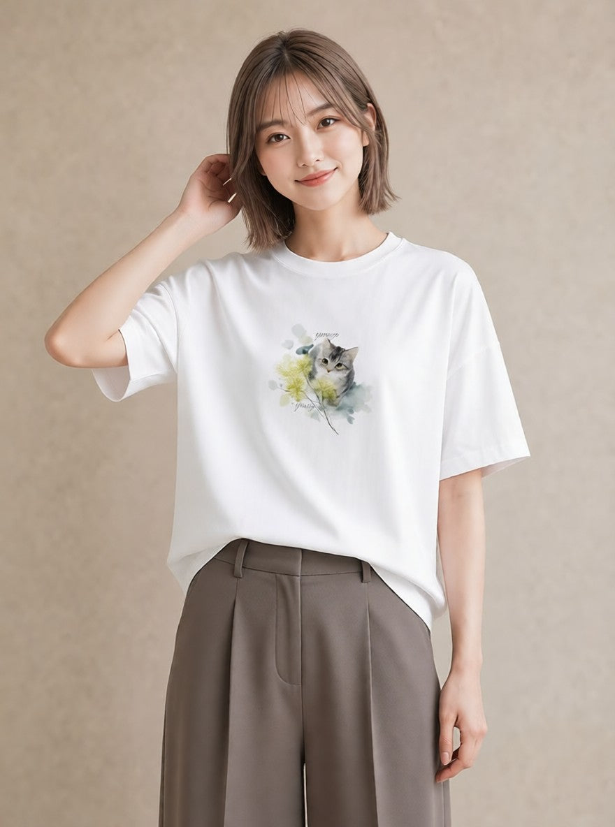 半袖Tシャツ レディース 愛猫 猫 ねこ イラスト モード 春コーデ 姉妹 白T YMAZO