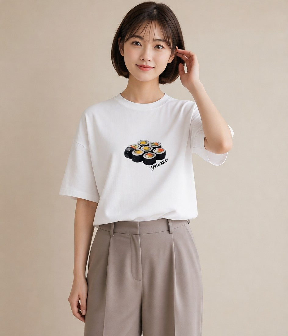 半袖Tシャツ レディース おにぎり 食べ物 フード イラスト ヴィンテージ風 カフェ巡り 女子会 白T YMAZO