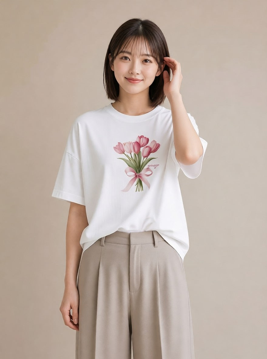 半袖Tシャツ レディース チューリップ 花 花柄 イラスト ニュアンス ママ カフェ服 白T YMAZO