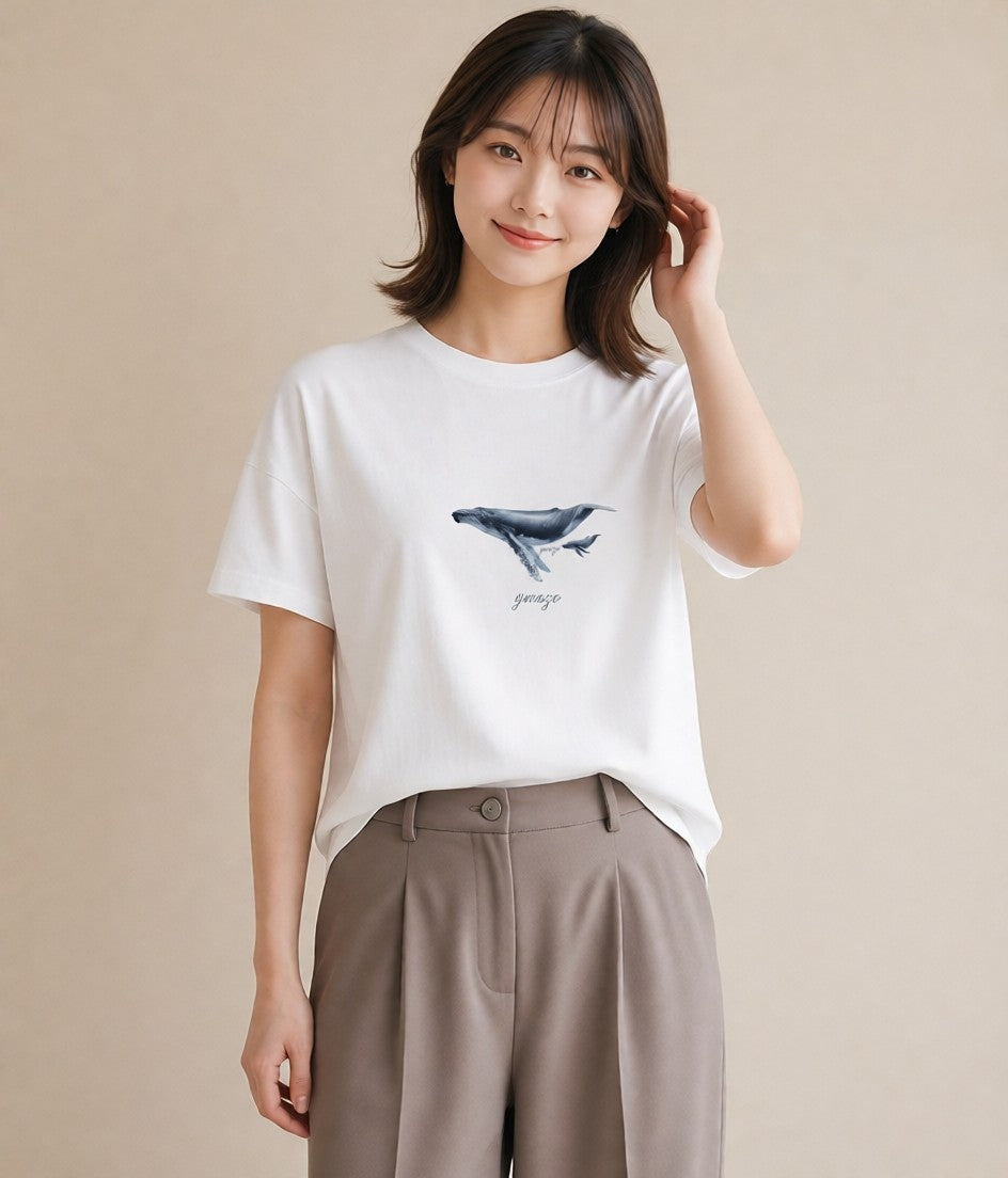 半袖Tシャツ レディース シャチ 海の生き物 海 イラスト 普段使い 夏コーデ 通学 白T YMAZO