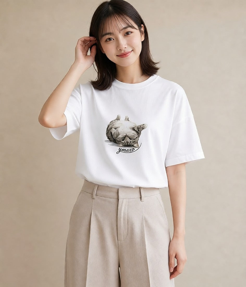 半袖Tシャツ レディース おすわり猫 猫 ねこ イラスト ゆるコーデ 送別ギフト 通勤 白T YMAZO