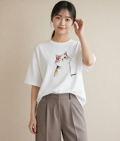 デザインTシャツ レディース エキゾチックショートヘア 猫 ねこ イラスト ルームウェア ギフト 白T YMAZO