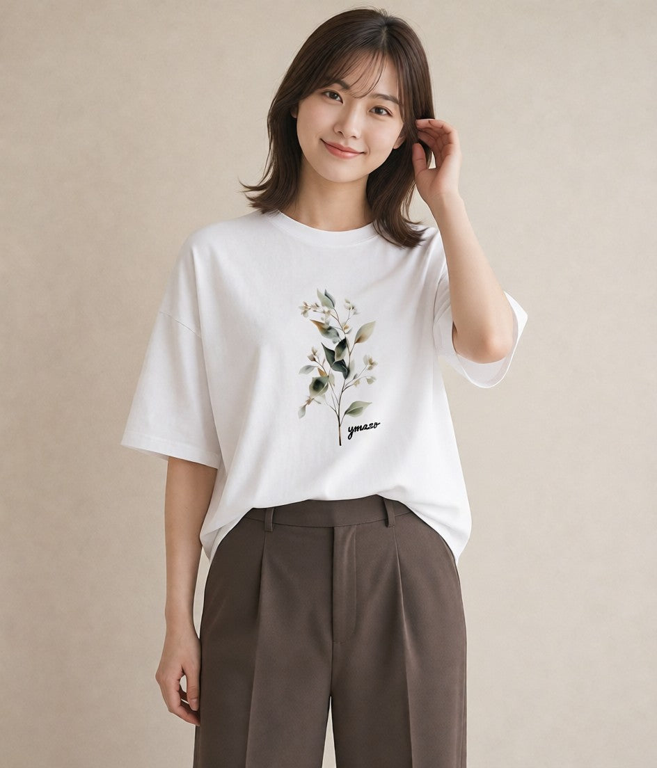 グラフィックTシャツ レディース ガラス瓶 小枝 ボタニカル ナチュラル アンティーク イラスト ニュアンス 女性 旅行用 白T YMAZO