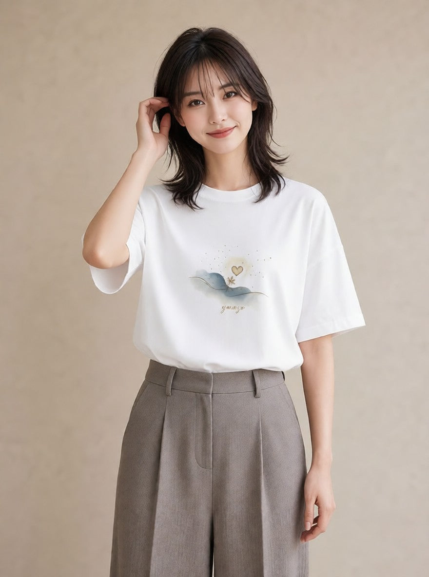デザインTシャツ レディース 雪 星空 宇宙 イラスト 水彩風 帰省 ラフ 白T YMAZO
