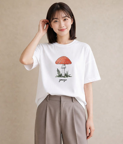 Tシャツ レディース きのこ 植物 ボタニカル イラスト カフェ巡り 女子会 白T YMAZO