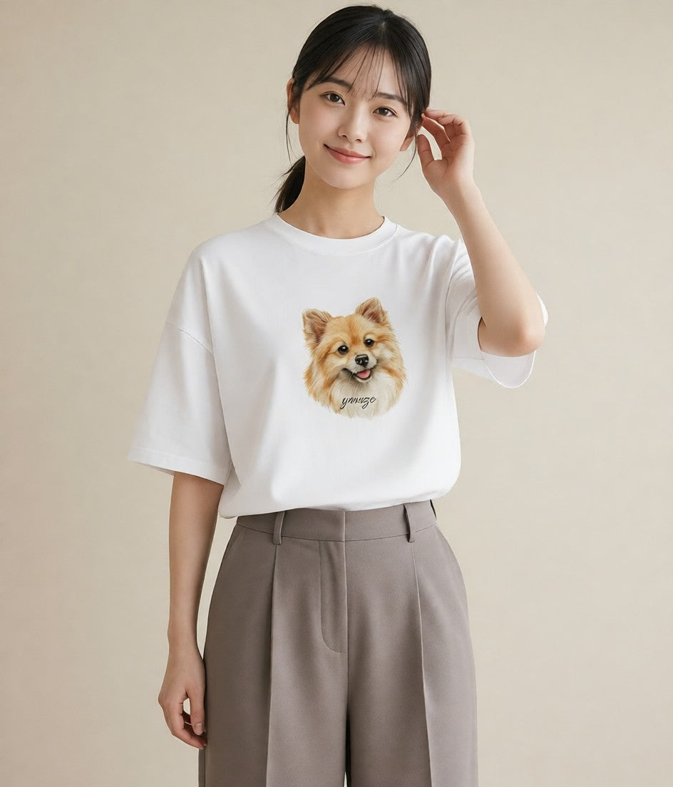 デザインTシャツ レディース ポメラニアン ポメ 犬 いぬ イラスト 春服 ミセス 白T YMAZO