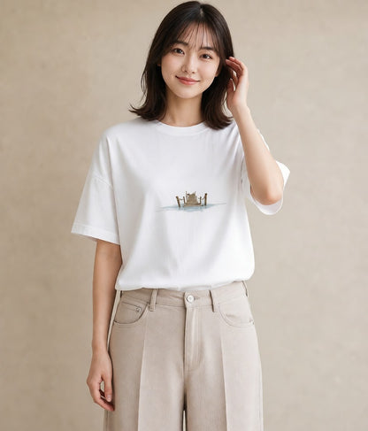 グラフィックTシャツ レディース 桟橋 水辺 波止場 ナチュラル アンティーク イラスト 韓国風 お出かけ 普段着 白T YMAZO